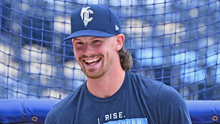 Aug 29, 2025; Kansas City, Missouri, USA; Kansas City Royals shortstop Bobby Witt Jr. (7) looks on during batting practice before game against the Detroit Tigers at Kauffman Stadium. Mandatory Credit: Peter Aiken-Imagn Images