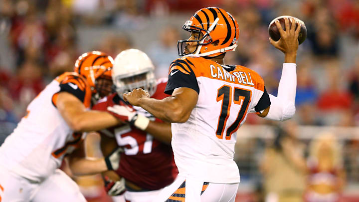 Aug 24, 2014; Glendale, AZ, USA; Cincinnati Bengals quarterback Jason Campbell throws a pass in the second half against the Arizona Cardinals at University of Phoenix Stadium. Mandatory Credit: Mark J. Rebilas-Imagn Images