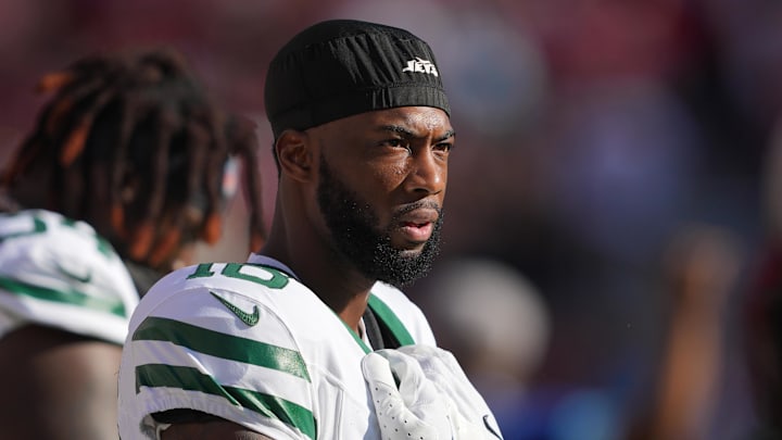 Sep 9, 2024; Santa Clara, California, USA; New York Jets wide receiver Mike Williams (18) before the game against the San Francisco 49ers at Levi's Stadium.