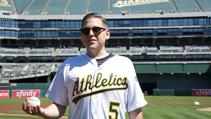 Actor Jonah Hill Promoting "Moneyball" in Athletics uniform. Actor Jonah Hill Promoting "Moneyball" in Athletics uniform.