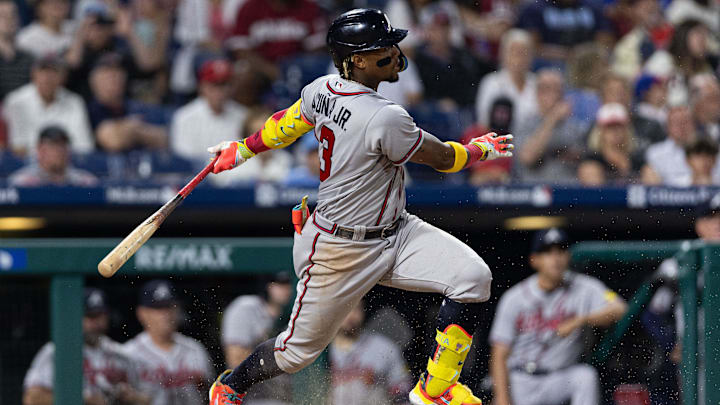 Jun 20, 2023; Philadelphia, Pennsylvania, USA; Atlanta Braves right fielder Ronald Acuna Jr. (13)