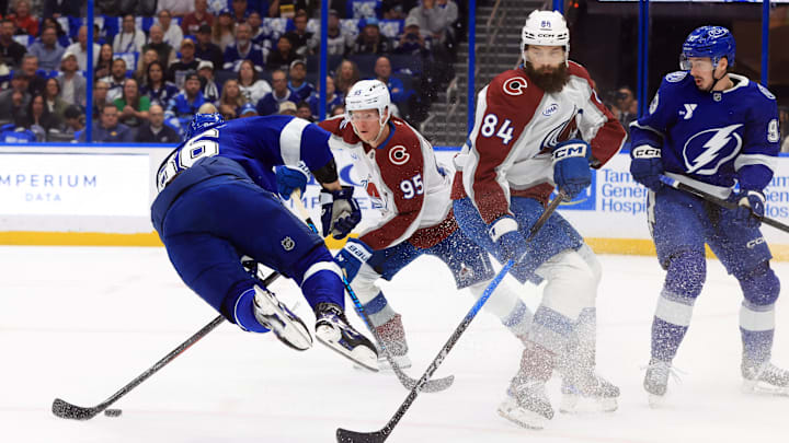 Jan 6, 2026; Tampa, Florida, USA; Colorado Avalanche defenseman Brent Burns (84) trips up Tampa Bay Lightning right wing Nikita Kucherov (86) during the first period at Benchmark International Arena. Mandatory Credit: Kim Klement Neitzel-Imagn Images Jan 6, 2026; Tampa, Florida, USA; Colorado Avalanche defenseman Brent Burns (84) trips up Tampa Bay Lightning right wing Nikita Kucherov (86) during the first period at Benchmark International Arena. Mandatory Credit: Kim Klement Neitzel-Imagn Images