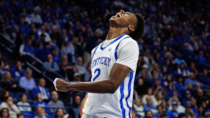 Dec 31, 2024; Lexington, Kentucky, USA; Kentucky Wildcats guard Jaxson Robinson (2) reacts after being called for a foul during the first half against the Brown Bears at Rupp Arena at Central Bank Center. Mandatory Credit: Jordan Prather-Imagn Images