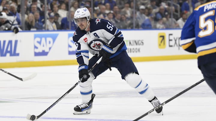 Winnipeg Jets center Mark Scheifele skates against the St. Louis Blues. Winnipeg Jets center Mark Scheifele skates against the St. Louis Blues.