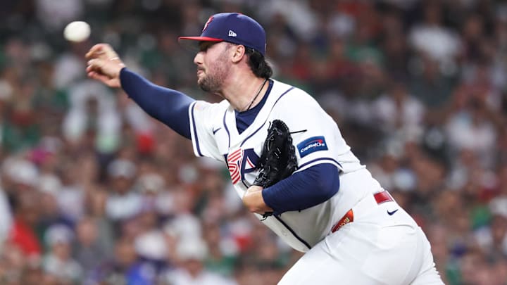 Mar 9, 2026; Houston, TX, United States; United States pitcher Paul Skenes (30) delivers a pitch in the first inning against Mexico at Daikin Park. Mandatory Credit: Troy Taormina-Imagn Images