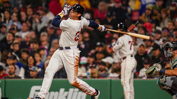 Apr 22, 2025; Boston, Massachusetts, USA; Boston Red Sox first base Triston Casas (36) hits a three run home run against the Seattle Mariners in the seventh inning at Fenway Park. Mandatory Credit: David Butler II-Imagn Images