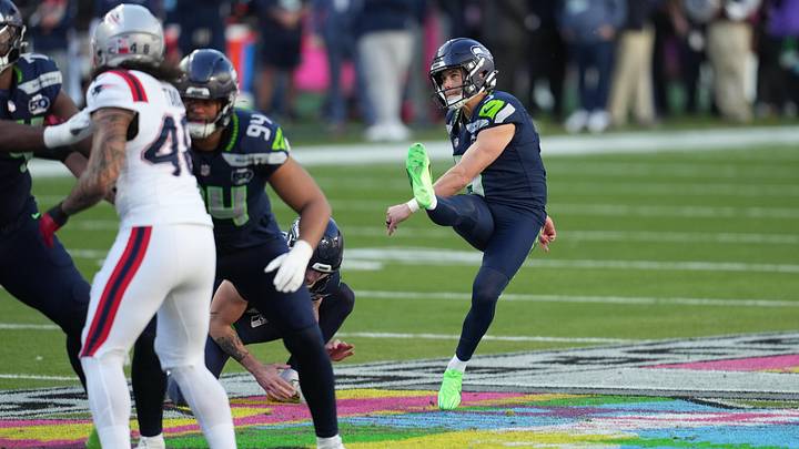 Seattle Seahawks place kicker Jason Myers (5) kicks a field goal against the New England Patriots in the first half in Super Bowl LX. Seattle Seahawks place kicker Jason Myers (5) kicks a field goal against the New England Patriots in the first half in Super Bowl LX.
