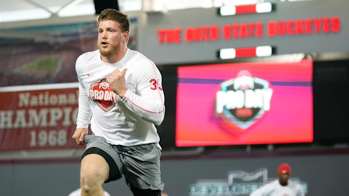 Ohio State Buckeyes defensive end Jack Sawyer works out during the pro day for NFL scouts at the Woody Hayes Athletic Cente on March 26, 2025.