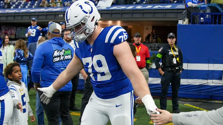 Indianapolis Colts offensive tackle Bernhard Raimann (79) slaps hands pregame, Las Vegas Raiders at Indianapolis Colts, Sunday, Dec. 31, 2023, at Lucas Oil Stadium.