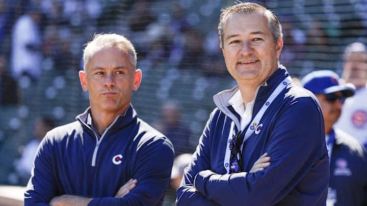 Oct 1, 2022; Chicago, Illinois, USA; Chicago Cubs Chairman Tom Ricketts (R) smiles next to Chicago Cubs President of baseball operations Jed Hoyer (L) before a baseball game between the Chicago Cubs and Cincinnati Reds at Wrigley Field
