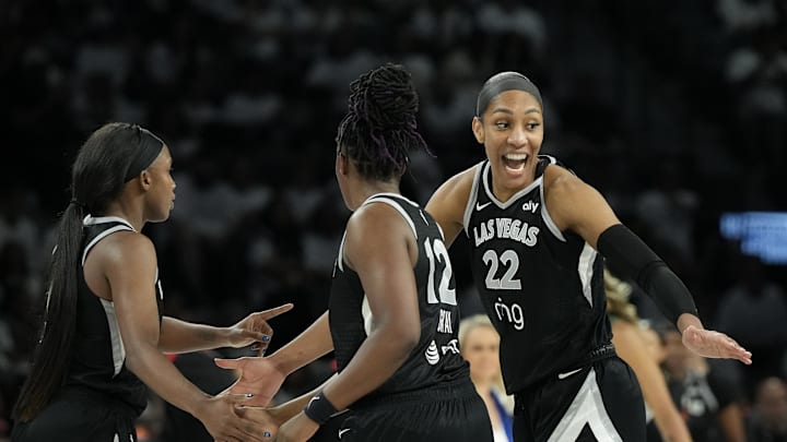Sep 14, 2025; Las Vegas, Nevada, USA;Las Vegas Aces center A'ja Wilson (22) celebrates scoring on the Seattle Storm in the third quarter during game one of round one for the 2025 WNBA Playoffs at Michelob Ultra Arena. Mandatory Credit: Candice Ward-Imagn Images Sep 14, 2025; Las Vegas, Nevada, USA;Las Vegas Aces center A'ja Wilson (22) celebrates scoring on the Seattle Storm in the third quarter during game one of round one for the 2025 WNBA Playoffs at Michelob Ultra Arena. Mandatory Credit: Candice Ward-Imagn Images
