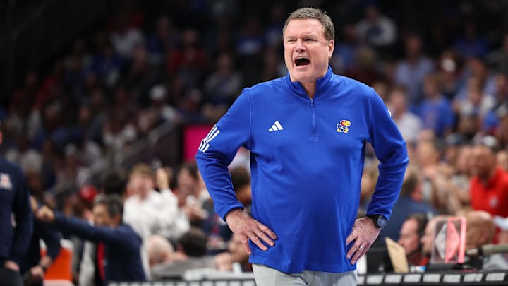 Mar 13, 2025; Kansas City, MO, USA; Kansas Jayhawks coach Bill Self reacts to game play during the second half against the Arizona Wildcats at T-Mobile Center. Mandatory Credit: William Purnell-Imagn Images