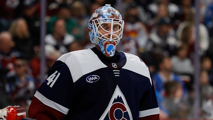 Dec 23, 2025; Denver, Colorado, USA; Colorado Avalanche goaltender Scott Wedgewood (41) in the third period against the Utah Mammoth at Ball Arena. Mandatory Credit: Isaiah J. Downing-Imagn Images