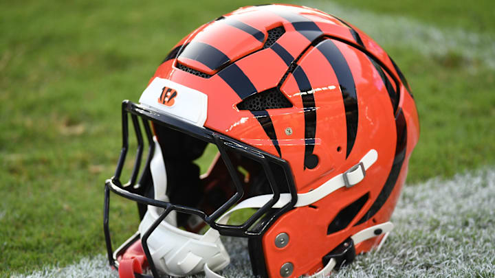 Aug 7, 2025; Philadelphia, Pennsylvania, USA;  Cincinnati Bengals helmet on the field before game against the Philadelphia Eagles at Lincoln Financial Field. Mandatory Credit: Eric Hartline-Imagn Images