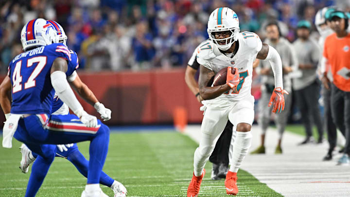 Sep 18, 2025; Orchard Park, New York, USA; Miami Dolphins wide receiver Jaylen Waddle (17) runs against the Buffalo Bills in the second half at Highmark Stadium. Mandatory Credit: Mark Konezny-Imagn Images