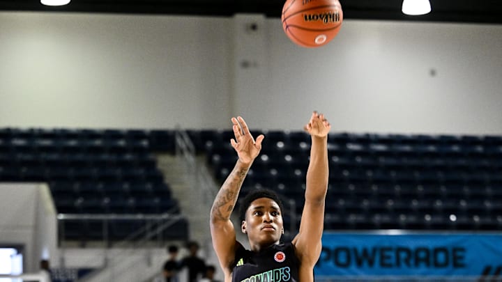 Apr 1, 2024; Houston, TX, USA; McDonald's All American East guard Tahaad Pettiford (2) shoots in the