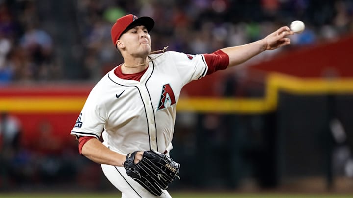 Sep 16, 2025; Phoenix, Arizona, USA; Arizona Diamondbacks pitcher Brandyn Garcia against the San Francisco Giants at Chase Field. Mandatory Credit: Mark J. Rebilas-Imagn Images