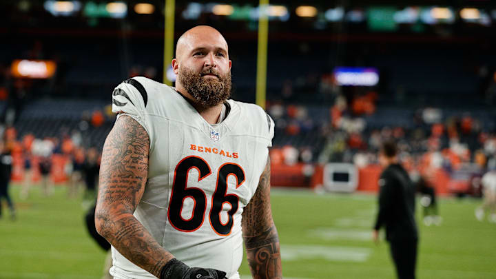 Sep 29, 2025; Denver, Colorado, USA; Cincinnati Bengals guard Dalton Risner (66) looks on after the game against the Denver Broncos at Empower Field at Mile High. Mandatory Credit: Isaiah J. Downing-Imagn Images