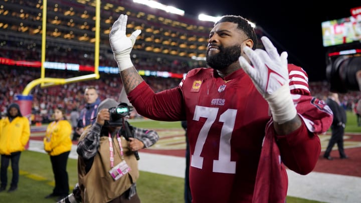 Jan 22, 2023; Santa Clara, California, USA; San Francisco 49ers offensive tackle Trent Williams (71) celebrates after defeating the Dallas Cowboys 19-12 in a NFC divisional round game at Levi's Stadium. Mandatory Credit: Kyle Terada-USA TODAY Sports Jan 22, 2023; Santa Clara, California, USA; San Francisco 49ers offensive tackle Trent Williams (71) celebrates after defeating the Dallas Cowboys 19-12 in a NFC divisional round game at Levi's Stadium. Mandatory Credit: Kyle Terada-USA TODAY Sports