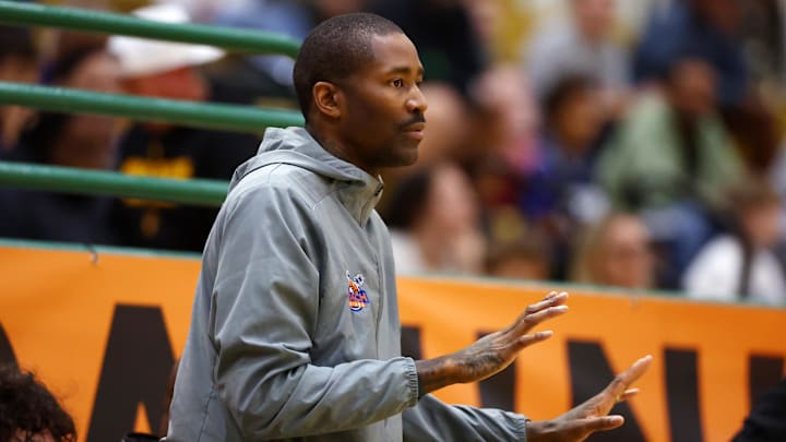 Jan 2, 2026; Mesa, AZ, USA; Rainier Beach High School (WA) assistant coach Jamal Crawford against Mater Dei during the HoopHall West Tournament at Skyline High School. Mandatory Credit: Mark J. Rebilas-Imagn Images