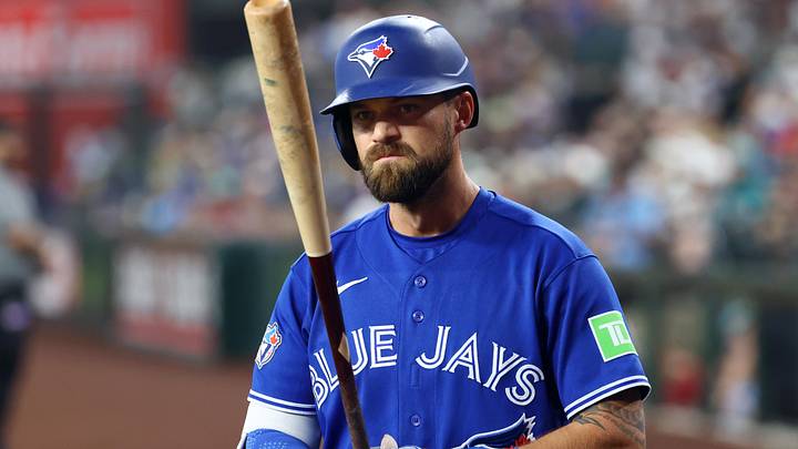 Apr 19, 2026; Phoenix, Arizona, USA; Toronto Blue Jays outfielder Nathan Lukes against the Arizona Diamondbacks at Chase Field. 