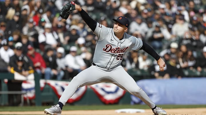 Chicago, Illinois, USA; Detroit Tigers starting pitcher Tarik Skubal (29) delivers a pitch during the first inning of the Opening Day game against the Chicago White Sox at Guaranteed Rate Field. Chicago, Illinois, USA; Detroit Tigers starting pitcher Tarik Skubal (29) delivers a pitch during the first inning of the Opening Day game against the Chicago White Sox at Guaranteed Rate Field.