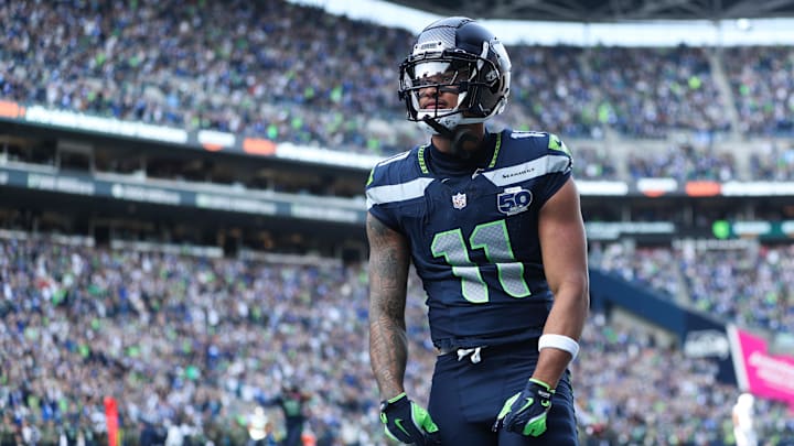 Nov 9, 2025; Seattle, Washington, USA;  Seattle Seahawks wide receiver Jaxon Smith-Njigba (11) celebrates after scoring a touchdown during the first quarter against the Arizona Cardinals at Lumen Field. Mandatory Credit: Kevin Ng-Imagn Images