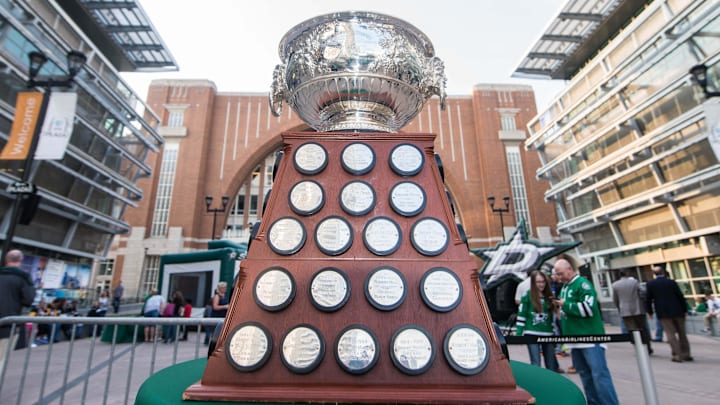 Oct 8, 2015; Dallas, TX, USA; A general view of the Art Ross Trophy on display prior to the game between the Dallas Stars and the Pittsburgh Penguins at American Airlines Center. Mandatory Credit: Jerome Miron-Imagn Images