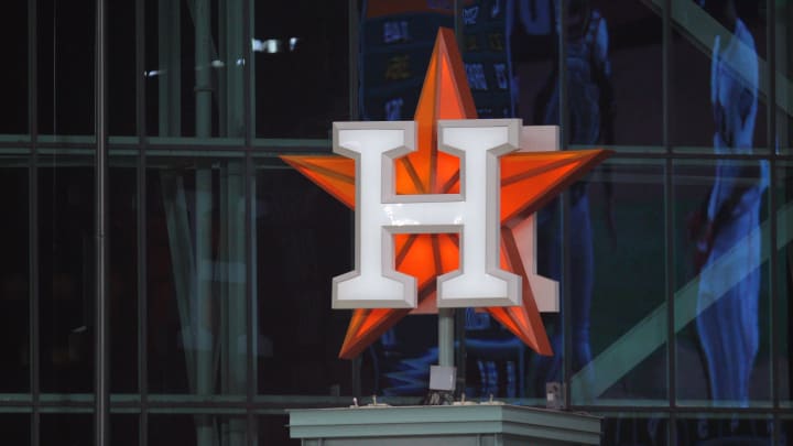 Oct 22, 2019; Houston, TX, USA; The Houston Astros logo is seen during the third inning of game one of the 2019 World Series against the Washington Nationals at Minute Maid Park. Mandatory Credit: Erik Williams-USA TODAY Sports Oct 22, 2019; Houston, TX, USA; The Houston Astros logo is seen during the third inning of game one of the 2019 World Series against the Washington Nationals at Minute Maid Park. Mandatory Credit: Erik Williams-USA TODAY Sports