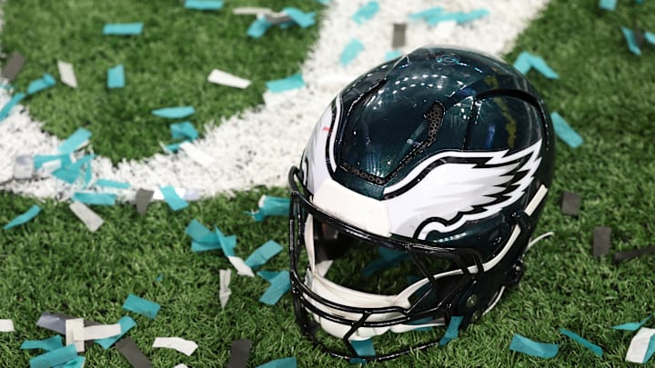 Feb 9, 2025; New Orleans, LA, USA; A Philadelphia Eagles player's helmet rests on the field after Super Bowl LIX against the Kansas City Chiefs at Caesars Superdome. Mandatory Credit: Geoff Burke-Imagn Images Feb 9, 2025; New Orleans, LA, USA; A Philadelphia Eagles player's helmet rests on the field after Super Bowl LIX against the Kansas City Chiefs at Caesars Superdome. Mandatory Credit: Geoff Burke-Imagn Images