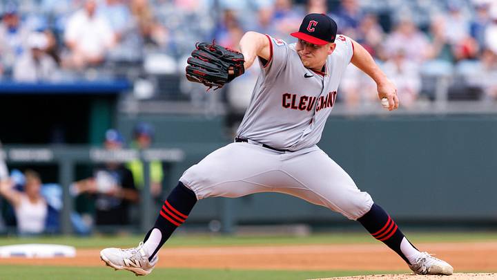 Sep 27, 2026; Kansas City, Missouri, USA;  Cleveland Guardians pitcher Parker Messick (77) pitches during the first inning against the Kansas City Royals at Kauffman Stadium.  Mandatory Credit: William Purnell-Imagn Images