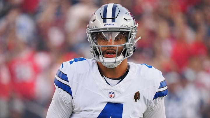 Oct 27, 2024; Santa Clara, California, USA; Dallas Cowboys quarterback Dak Prescott (4) before the game against the San Francisco 49ers at Levi's Stadium.