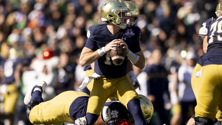 Notre Dame Fighting Irish quarterback Steve Angeli (18) drops back
