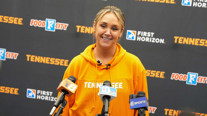 Tennessee Lady Vols basketball coach Kim Caldwell in her first news conference on Sunday, Jan. 26, 2025, in Knoxville, Tenn., after the birth of her son.