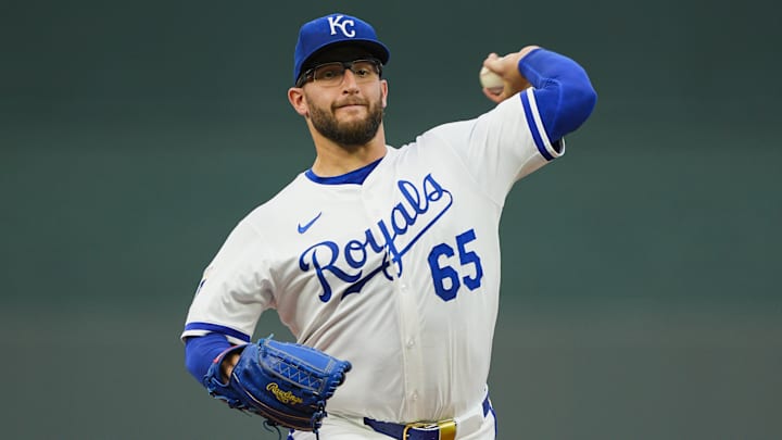 Sep 4, 2025; Kansas City, Missouri, USA; Kansas City Royals starting pitcher Noah Cameron (65) pitches during the first inning against the Los Angeles Angels at Kauffman Stadium. Mandatory Credit: Jay Biggerstaff-Imagn Images Sep 4, 2025; Kansas City, Missouri, USA; Kansas City Royals starting pitcher Noah Cameron (65) pitches during the first inning against the Los Angeles Angels at Kauffman Stadium. Mandatory Credit: Jay Biggerstaff-Imagn Images
