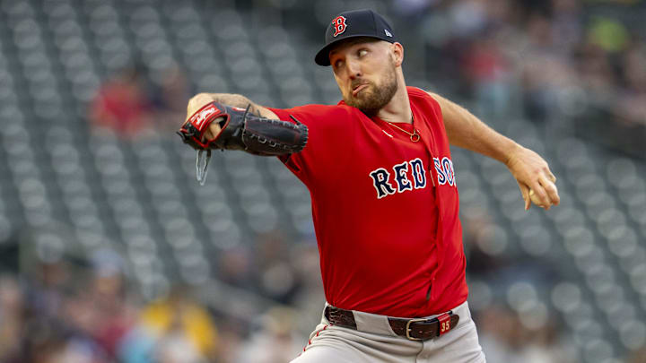 Boston Red Sox starting pitcher Garrett Crochet (35) delivers a pitch against the Minnesota Twins in the first inning at Target Field. Mandatory Credit: Jesse Johnson-Imagn Images