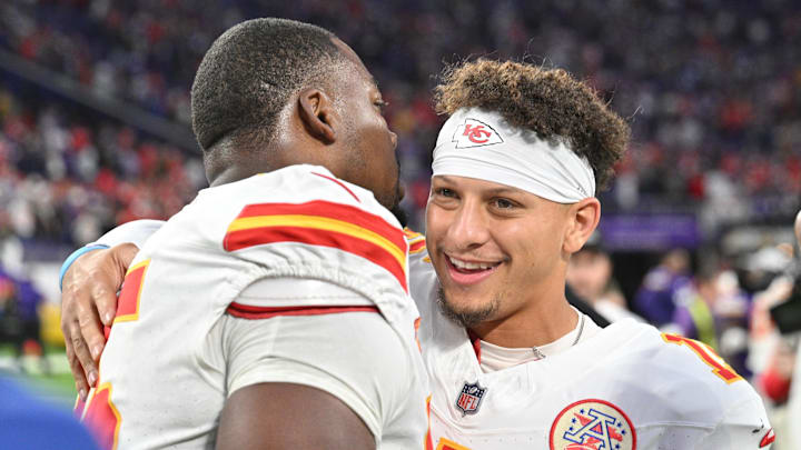 Oct 8, 2023; Minneapolis, Minnesota, USA; Kansas City Chiefs quarterback Patrick Mahomes (15) and defensive tackle Chris Jones (95) react after the game against the Minnesota Vikings at U.S. Bank Stadium. Mandatory Credit: Jeffrey Becker-Imagn Images