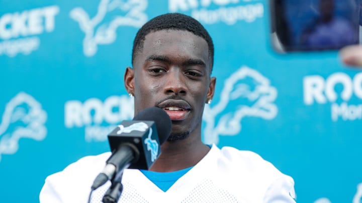 Detroit Lions cornerback Terrion Arnold (0) 