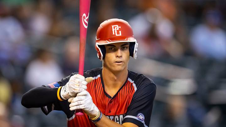 Aug 28, 2022; Phoenix, Arizona, US; West outfielder Will Gasparino (23) during the Perfect Game All-American Classic high school baseball game at Chase Field. Mandatory Credit: Mark J. Rebilas-USA TODAY Sports Aug 28, 2022; Phoenix, Arizona, US; West outfielder Will Gasparino (23) during the Perfect Game All-American Classic high school baseball game at Chase Field. Mandatory Credit: Mark J. Rebilas-USA TODAY Sports