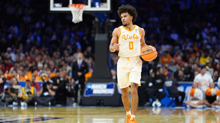 Mar 20, 2026; Philadelphia, PA, USA; Tennessee Volunteers guard Ja'kobi Gillespie (0) dribbles and looks to pass during the first half during a first round game of the men's 2026 NCAA Tournament at Xfinity Mobile Arena. Mandatory Credit: Kyle Ross-Imagn Images