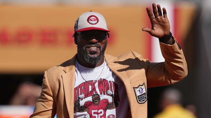 Oct 6, 2024; Santa Clara, California, USA; San Francisco 49ers former linebacker Patrick Willis walks on the field during halftime against the Arizona Cardinals at Levi's Stadium. Mandatory Credit: Darren Yamashita-Imagn Images