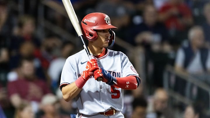 Nov 9, 2025; Mesa, AZ, USA; Washington Nationals infielder Seaver King during the Arizona Fall League Fall Stars Game at Sloan Park. Mandatory Credit: Mark J. Rebilas-Imagn Images