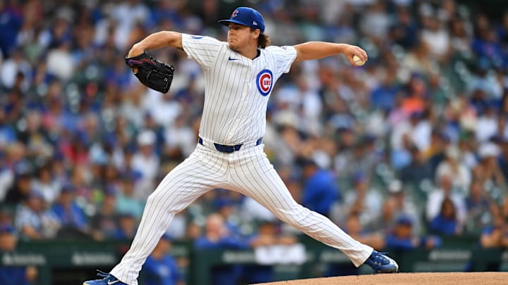 Aug 17, 2024; Chicago, Illinois, USA; Chicago Cubs starting pitcher Justin Steele (35) pitches during the first inning against the Toronto Blue Jays at Wrigley Field. Aug 17, 2024; Chicago, Illinois, USA; Chicago Cubs starting pitcher Justin Steele (35) pitches during the first inning against the Toronto Blue Jays at Wrigley Field.