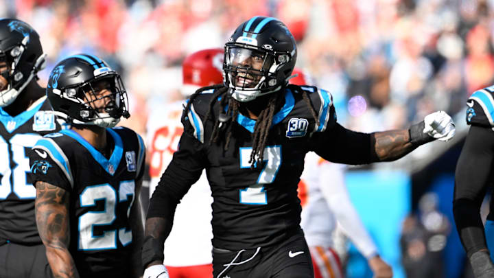 Nov 24, 2024; Charlotte, North Carolina, USA; Carolina Panthers linebacker Jadeveon Clowney (7) reacts after a sack in the second quarter at Bank of America Stadium. Mandatory Credit: Bob Donnan-Imagn Images Nov 24, 2024; Charlotte, North Carolina, USA; Carolina Panthers linebacker Jadeveon Clowney (7) reacts after a sack in the second quarter at Bank of America Stadium. Mandatory Credit: Bob Donnan-Imagn Images