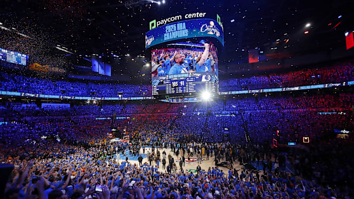 Jun 22, 2025; Oklahoma City, Oklahoma, USA; The Oklahoma City Thunder celebrate after winning game seven of the 2025 NBA Finals against the Indiana Pacers at Paycom Center. Mandatory Credit: Alonzo Adams-Imagn Images Jun 22, 2025; Oklahoma City, Oklahoma, USA; The Oklahoma City Thunder celebrate after winning game seven of the 2025 NBA Finals against the Indiana Pacers at Paycom Center. Mandatory Credit: Alonzo Adams-Imagn Images