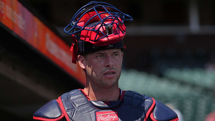 Aug 10, 2025; San Francisco, California, USA; Washington Nationals catcher Riley Adams (15) before the game against the San Francisco Giants at Oracle Park Aug 10, 2025; San Francisco, California, USA; Washington Nationals catcher Riley Adams (15) before the game against the San Francisco Giants at Oracle Park