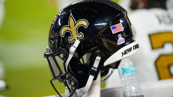 Oct 7, 2024; Kansas City, Missouri, USA; A general view of a New Orleans Saints helmet against the Kansas City Chiefs during the first half at GEHA Field at Arrowhead Stadium. Mandatory Credit: Denny Medley-Imagn Images
