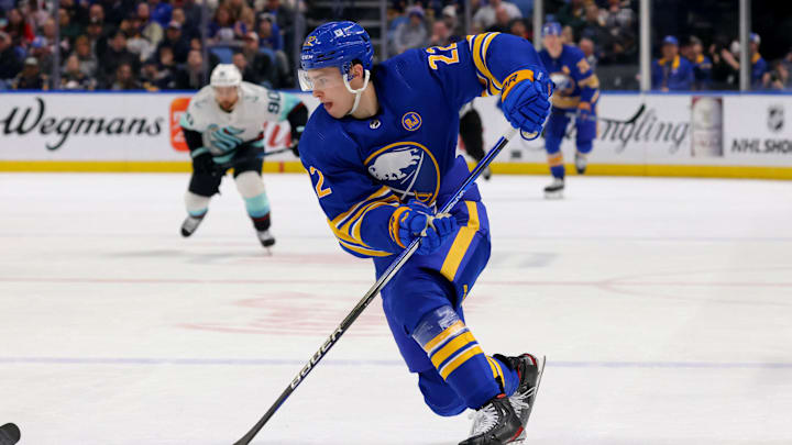 Jan 9, 2024; Buffalo, New York, USA;  Buffalo Sabres right wing Jack Quinn (22) stops and looks to