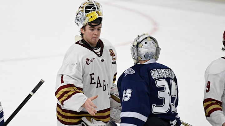 Feb 28, 2025; Chestnut Hill, MA, USA; Boston College goaltender Jacob Fowler (1) shakes hand with New Hampshire goaltender Raphael Gaughan (35) after defeating the Wildcats at Conte Forum. Mandatory Credit: Eric Canha-Imagn Images Feb 28, 2025; Chestnut Hill, MA, USA; Boston College goaltender Jacob Fowler (1) shakes hand with New Hampshire goaltender Raphael Gaughan (35) after defeating the Wildcats at Conte Forum. Mandatory Credit: Eric Canha-Imagn Images