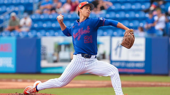 Mar 3, 2026; Port St. Lucie, FL, USA; New York Mets pitcher Jonah Tong (21) delivers a pitch against Nicaragua during the first inning at Clover Park. Mandatory Credit: Sam Navarro-Imagn Images